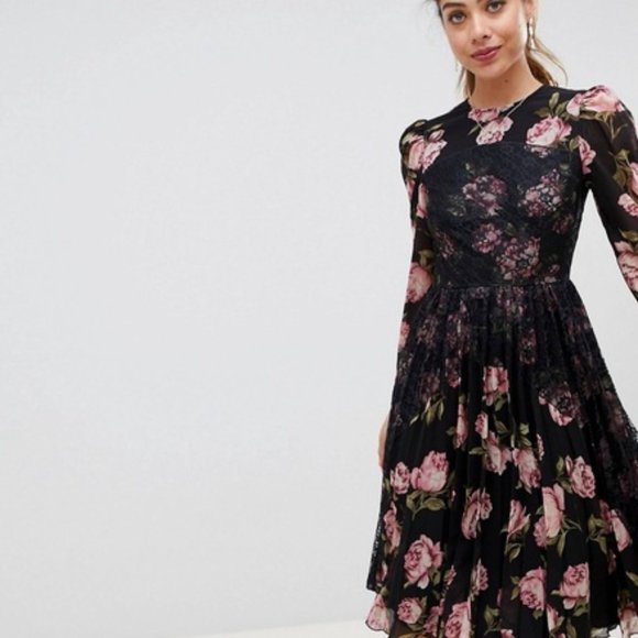 Asos floral black lace sheer sleeves pleated dress